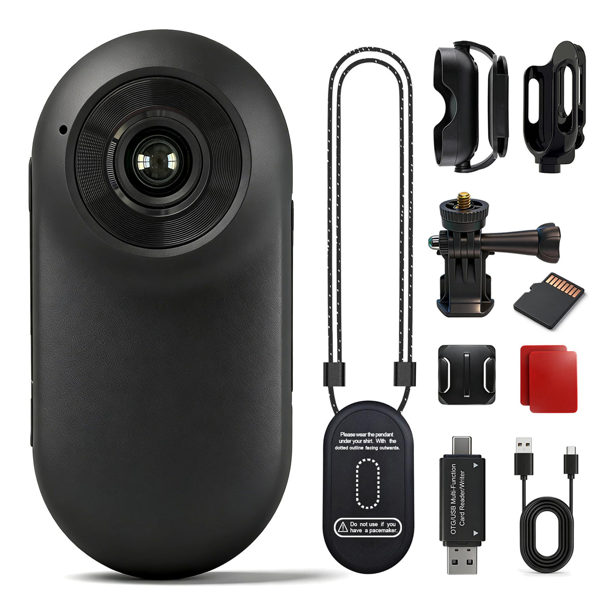 Frelisty mini camera front view showing compact body and clip, ideal portability