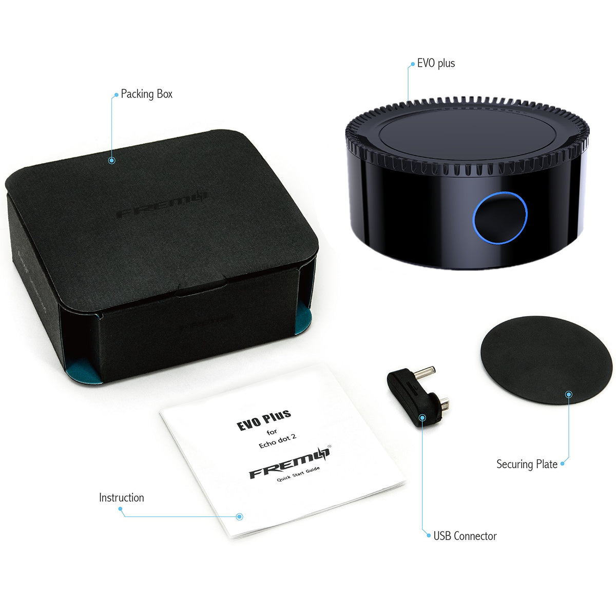 Fremo Evo Plus charging with Echo Dot cable shows simple recharge benefit
