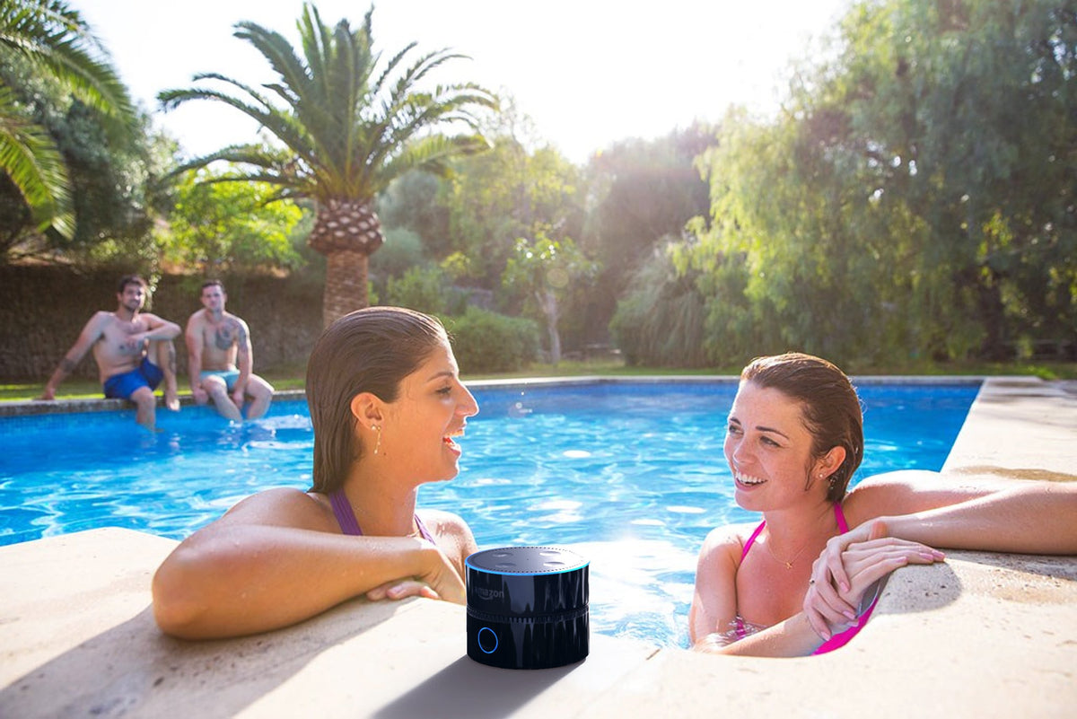 Fremo Evo Plus on patio with Echo Dot shows outdoor listening freedom benefit