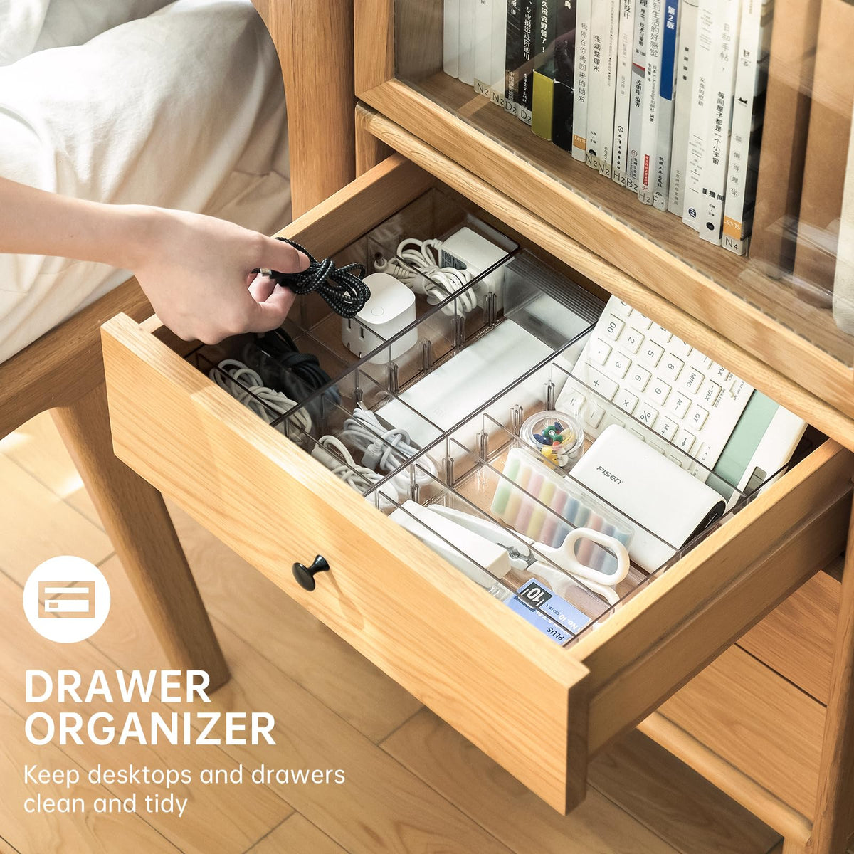FRETONBA stackable cord organizer for small desks and drawers.