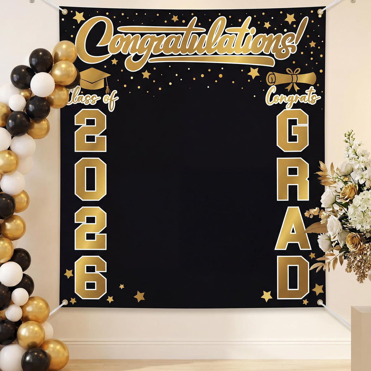 Frienda easy-hang graduation backdrop with corner grommets for quick setup.