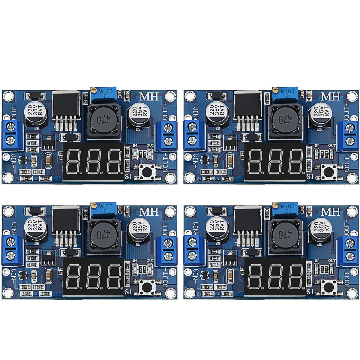 Frienda front view of four LM2596S modules showing compact layout and display benefits
