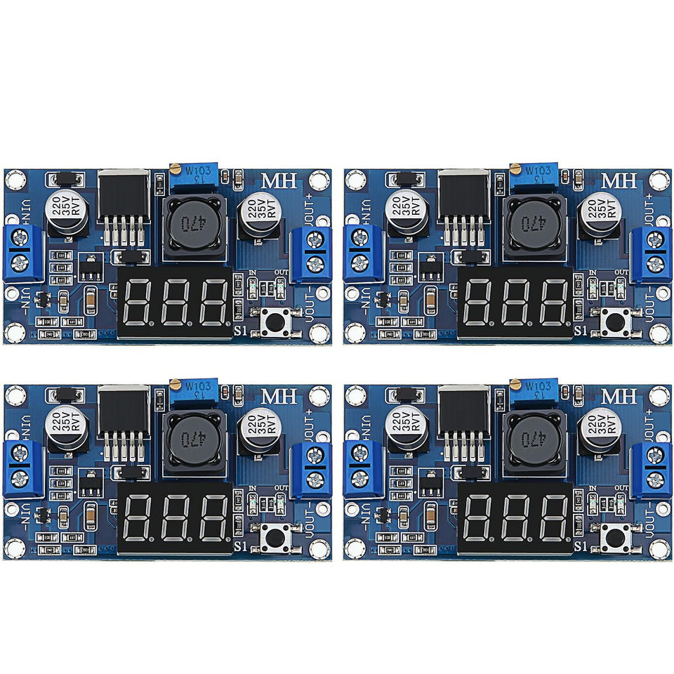 Frienda front view of four LM2596S modules showing compact layout and display benefits