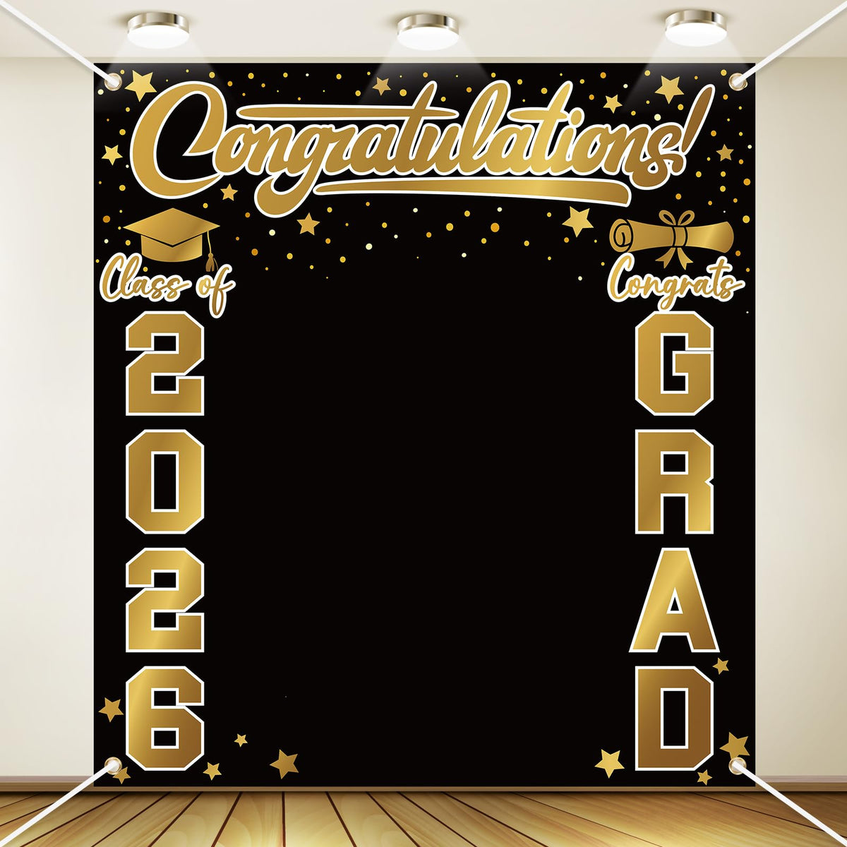 Frienda graduation backdrop 200x220 cm in black and gold for elegant group photos.
