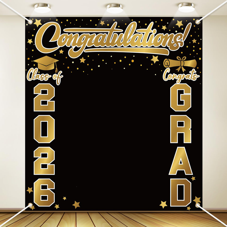 Frienda graduation backdrop 200x220 cm in black and gold for elegant group photos.