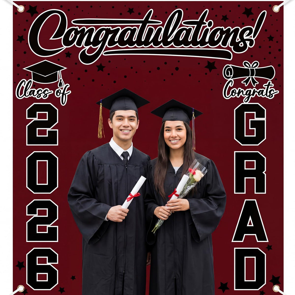 Frienda maroon and black graduation theme highlights a classic vibe.