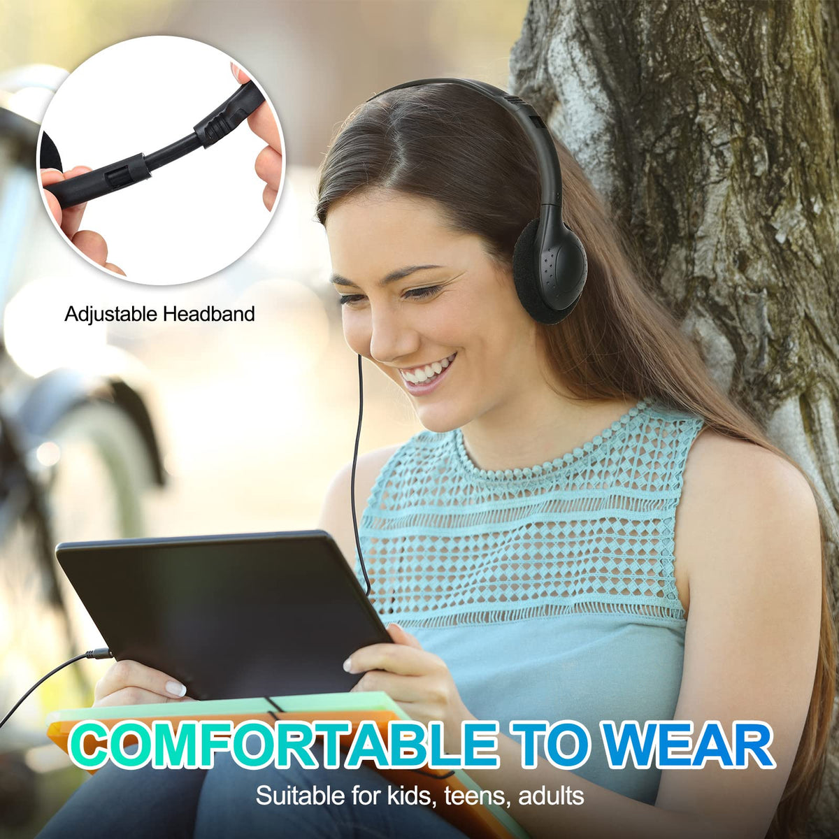 Frienda headphones adjustable headband, fits kids to adults for versatile use.