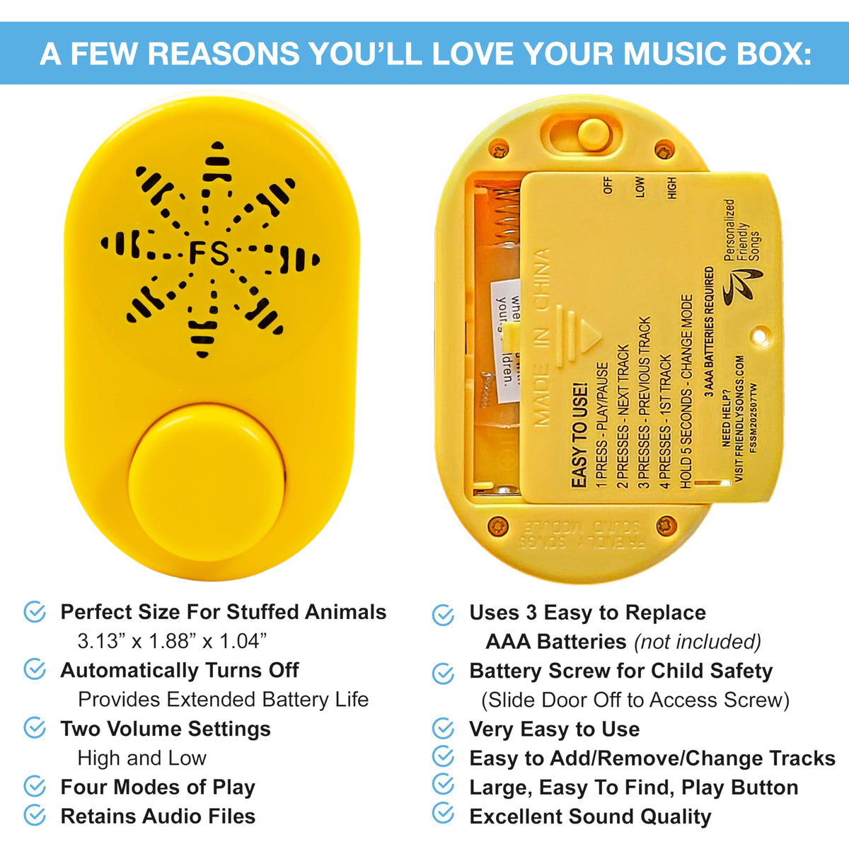 Friendly Songs module ports and control buttons for simple USB upload and mode selection