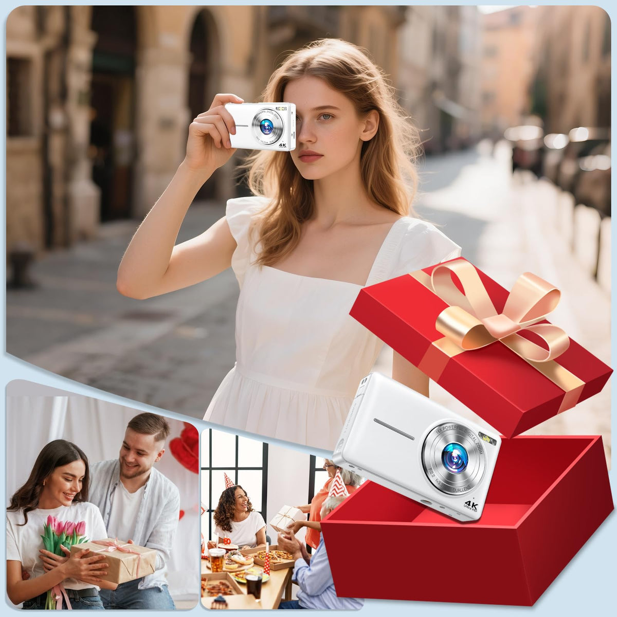 Froitx 4K camera in white highlights portable vlogging gear.