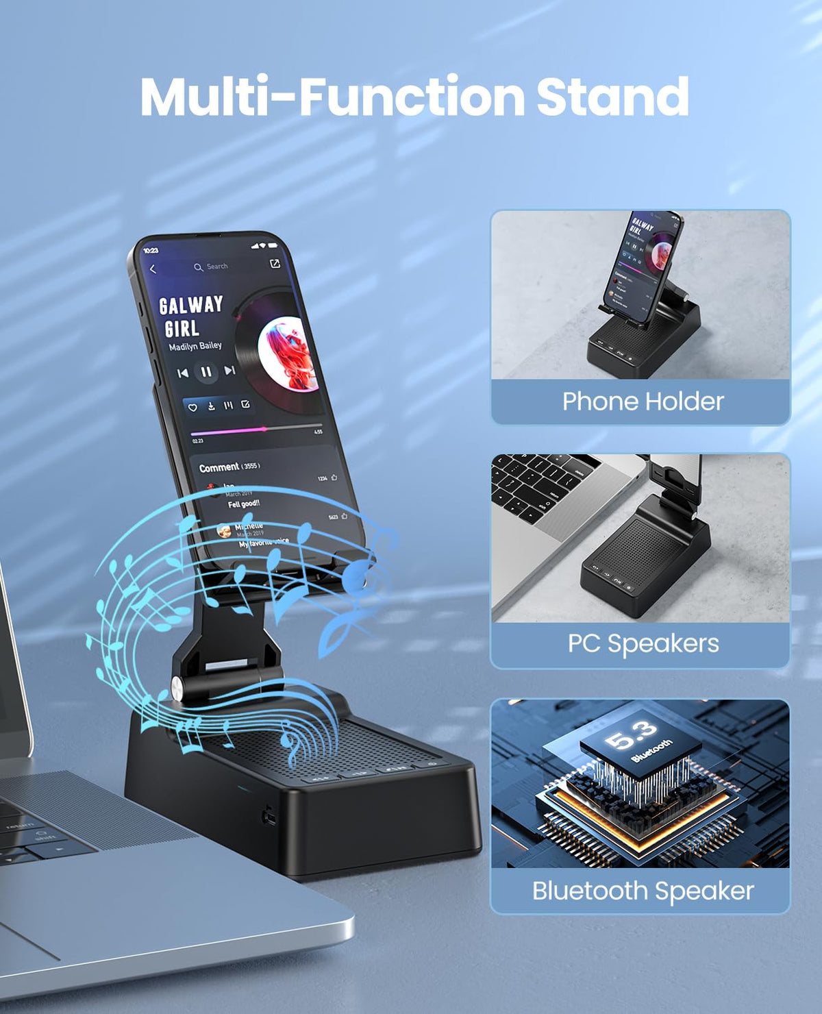 FRONTSUN adjustable stand shows multiple viewing angles for comfort.