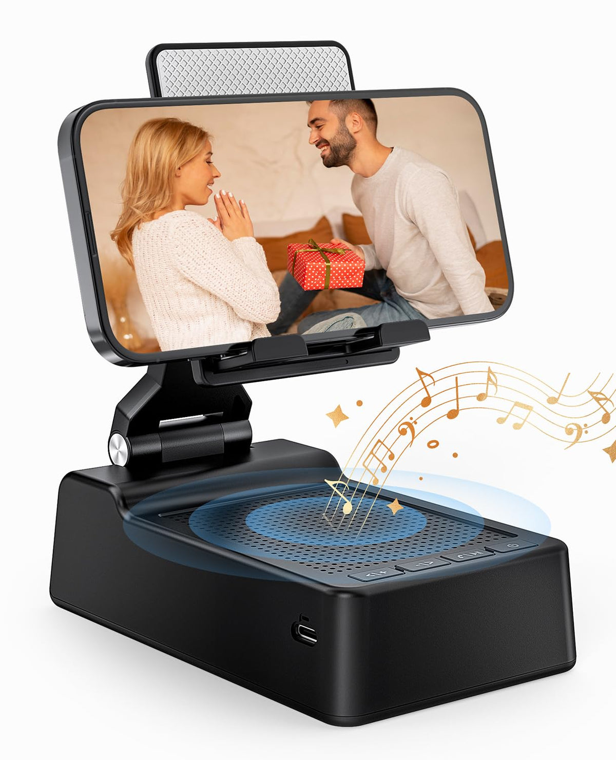 FRONTSUN phone stand with Bluetooth speaker in use for stylish multitasking.