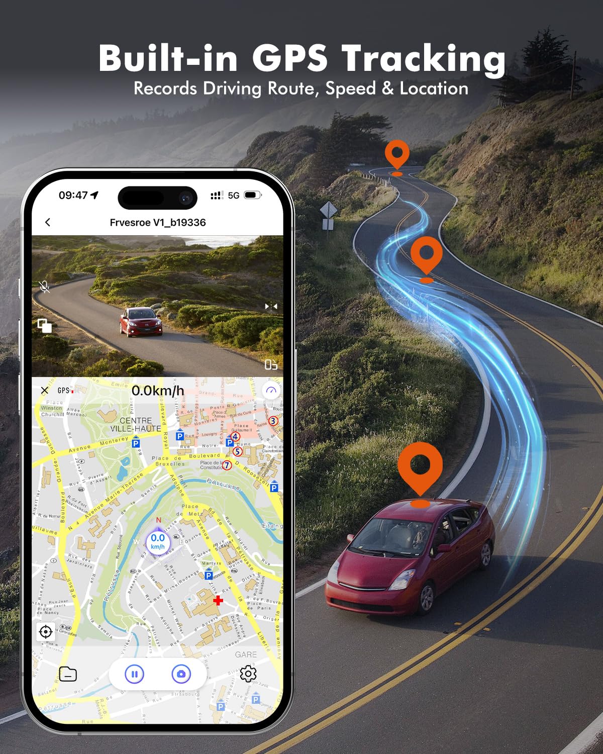 Frvesroe built-in GPS logs speed and routes for trip context.