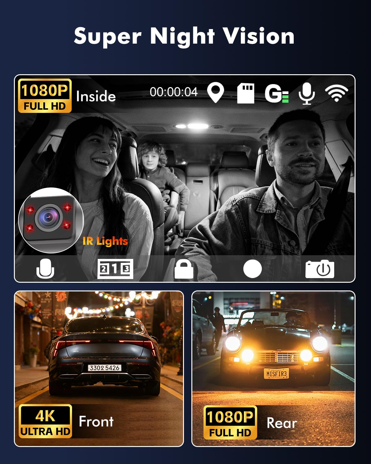 Frvesroe rear camera provides rear coverage for safe parking and backseat monitoring.