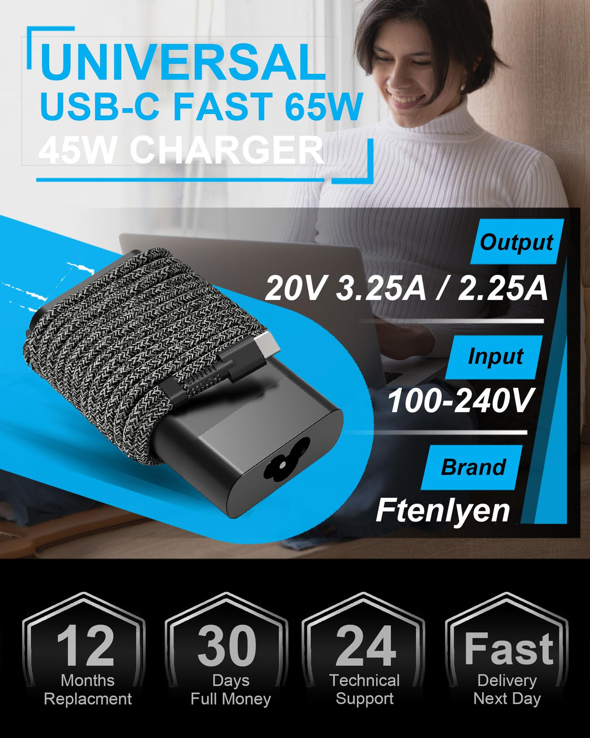 Ftenlyen 65W USB-C charger side view showing Envy X360 compatibility
