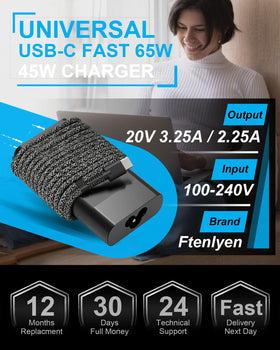 Ftenlyen 65W USB-C charger side view showing Envy X360 compatibility