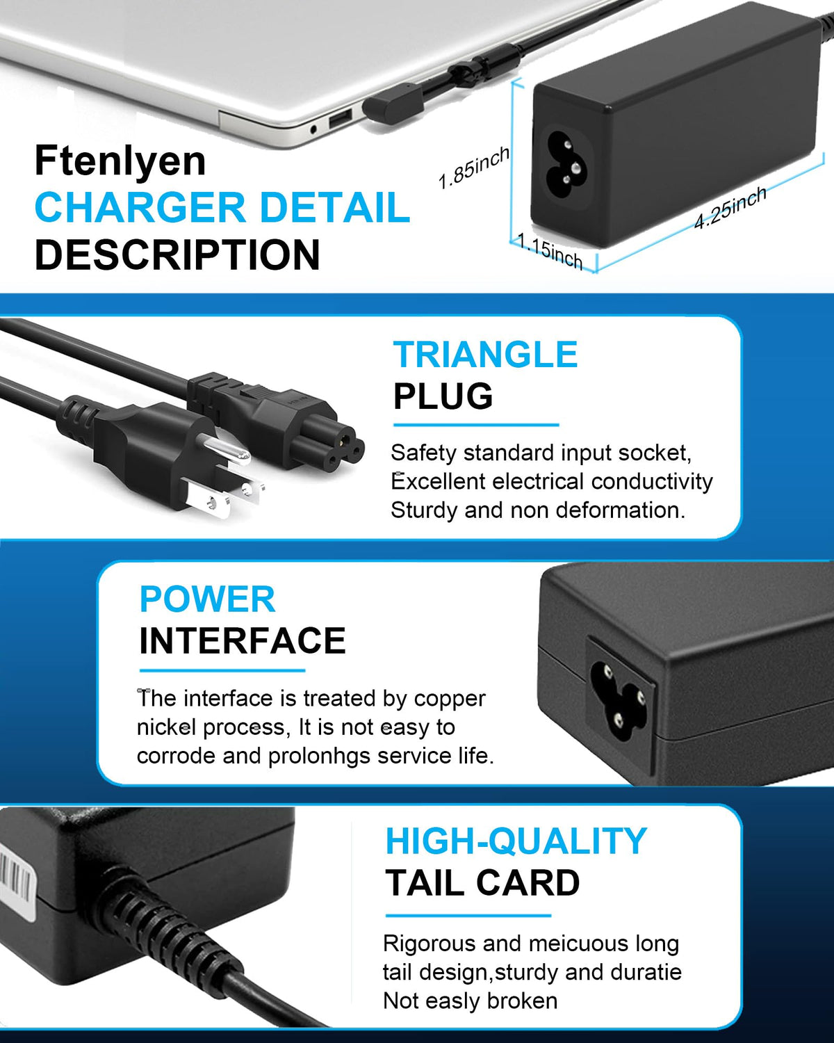 Ftenlyen Acer-compatible charger label confirms broad device compatibility.