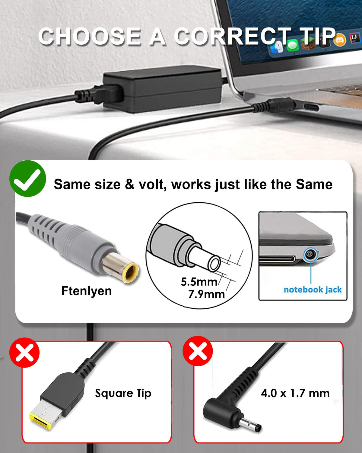 Ftenlyen close-up of 7.9x5.5mm round tip plug for secure connection