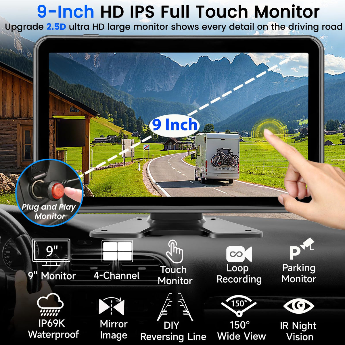 Fubedo quad-split monitor shows four angles for complete vehicle awareness during maneuvers.