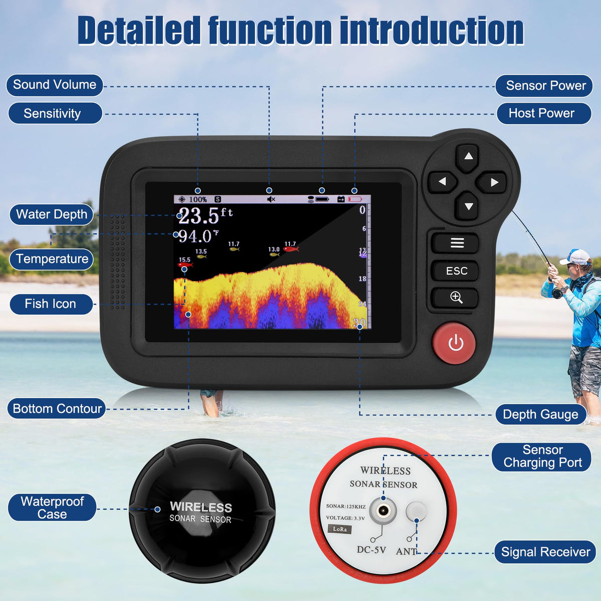 Fuceter probe used over ice hole demonstrating ice-fishing versatility benefit