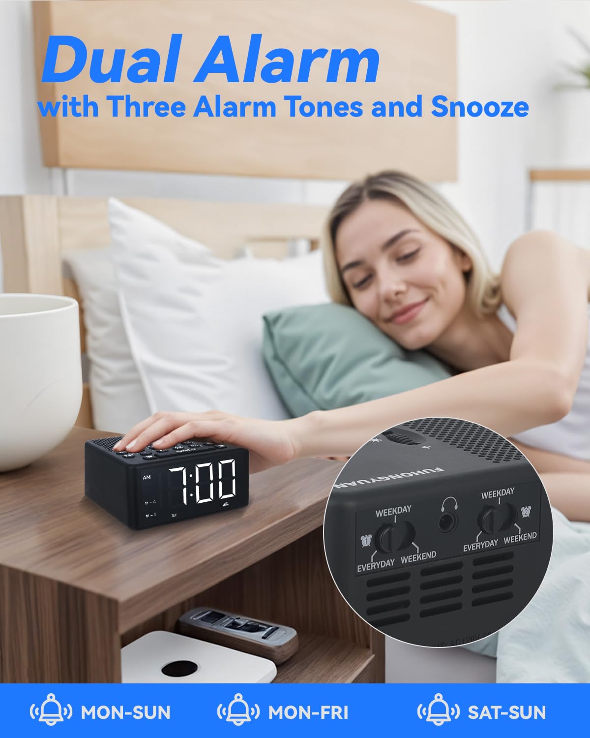 FUHONGYUAN on a bedside table in use — dependable alarm and nightstand companion