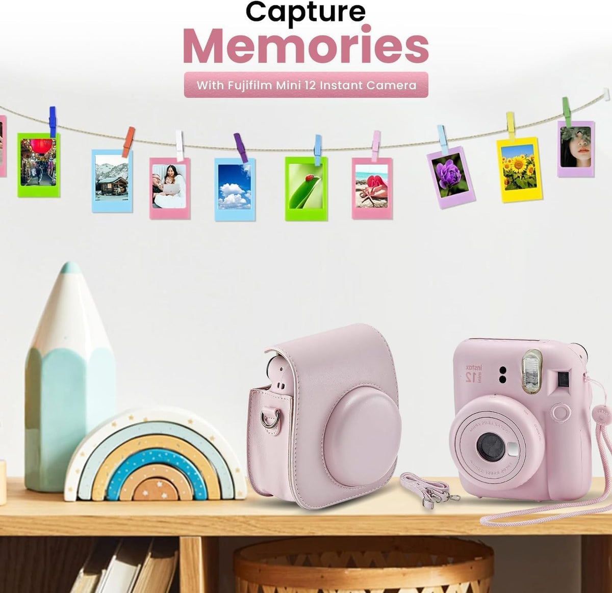 Fujifilm INSTAX Mini 12 accessory bundle with film, case, and mini album for on-the-go memories
