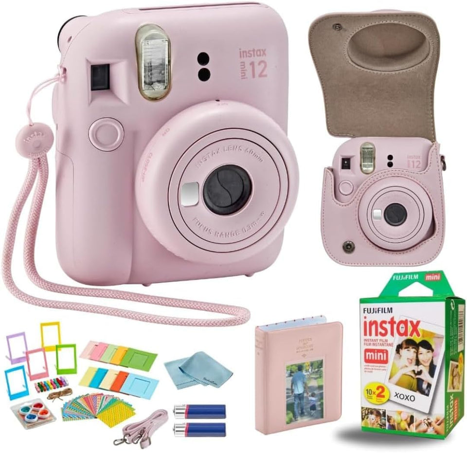 Fujifilm INSTAX Mini 12 Blossom Pink camera with twist-to-start lens for quick instant photos