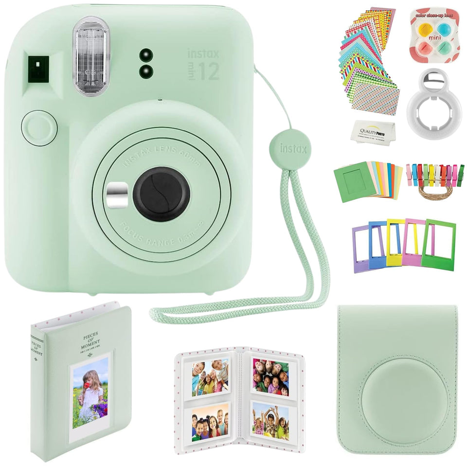 Fuji Instax Mini 12 camera in mint green for quick on-the-go memories.