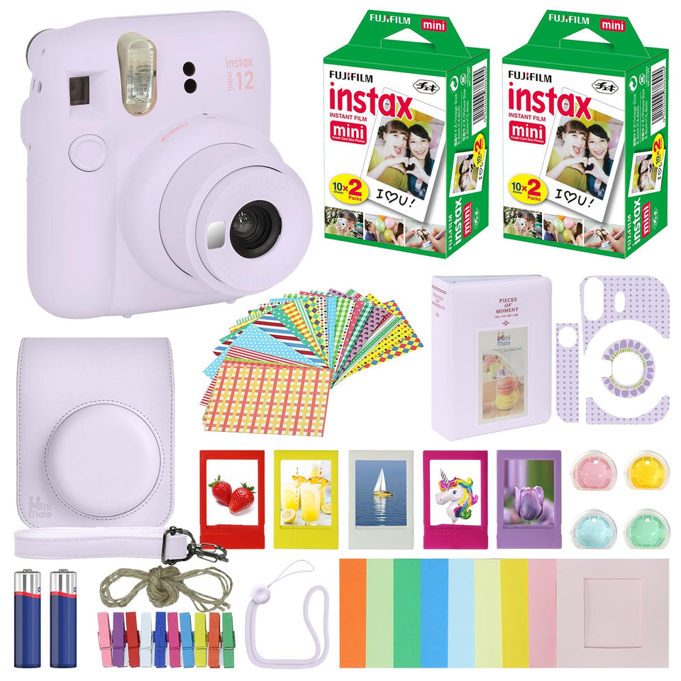 Fujifilm Instax Mini 12 Lilac Purple camera with selfie mirror and built-in flash