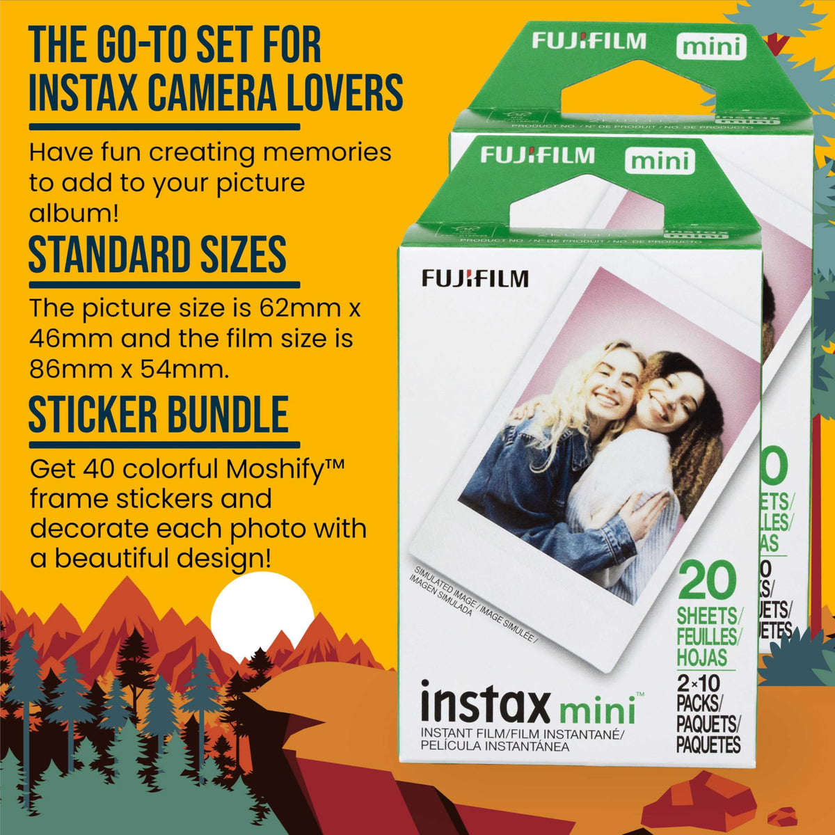 Fuji Instax mini film with 40 Moshify frames to decorate photos