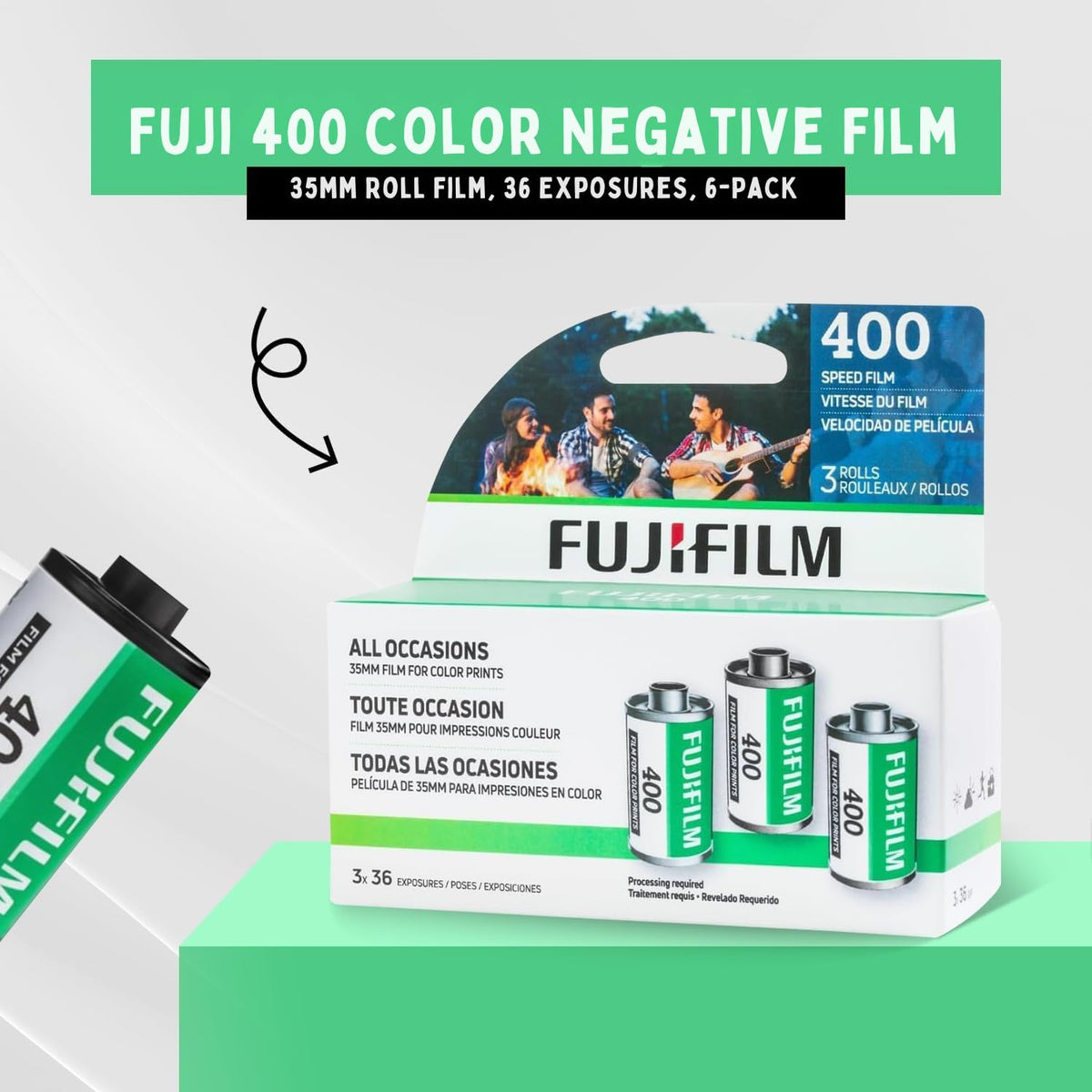 Fuji 400 color film on table display showing six rolls for travel shoots