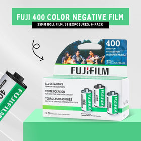 Fuji 400 color film on table display showing six rolls for travel shoots