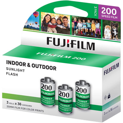 Fujifilm Fujicolor 200 front packaging showing three 35mm rolls, ideal for consistent colorful results