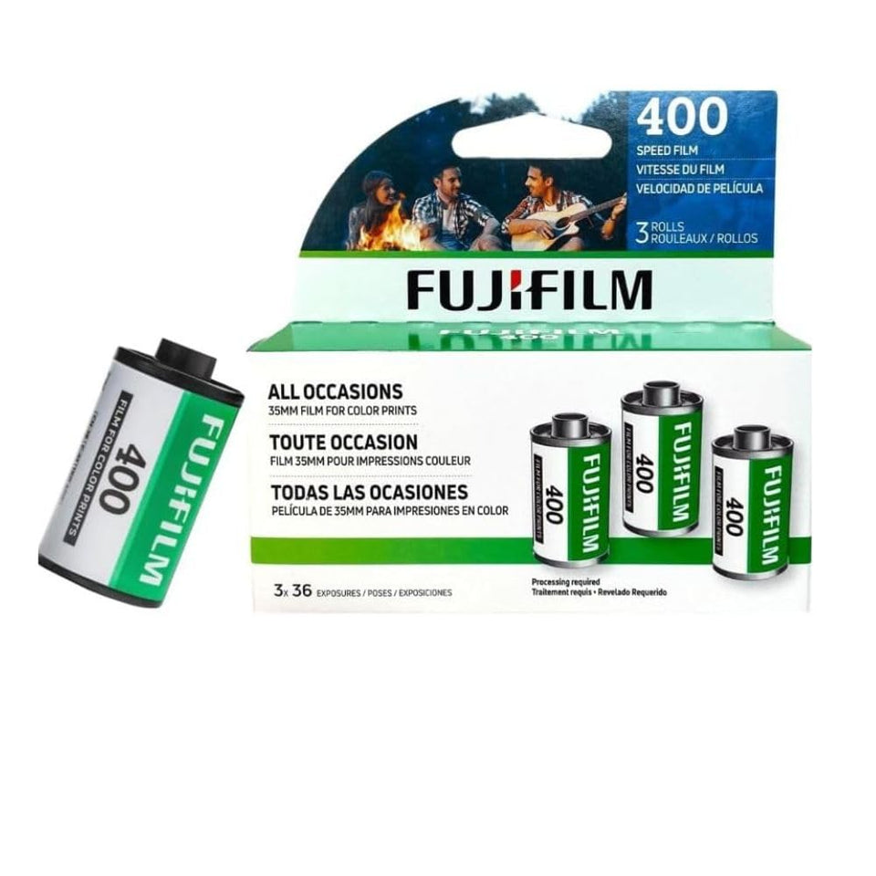 Fujifilm Fujicolor 400 front packaging showing three-roll value pack for convenience
