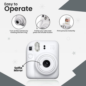 Fujifilm Instant Mini 12 close-up with built-in flash for bright photos.