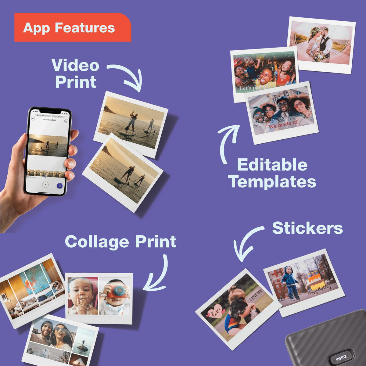 Printed 3x5 photos from the Fujifilm Instax Link Wide for sharing memories.