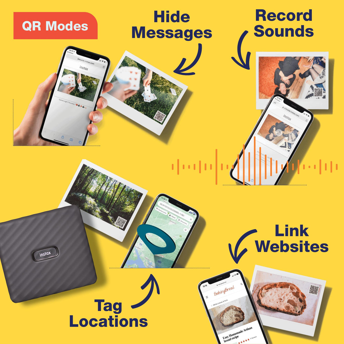 QR print mode embeds a URL or message on the print.