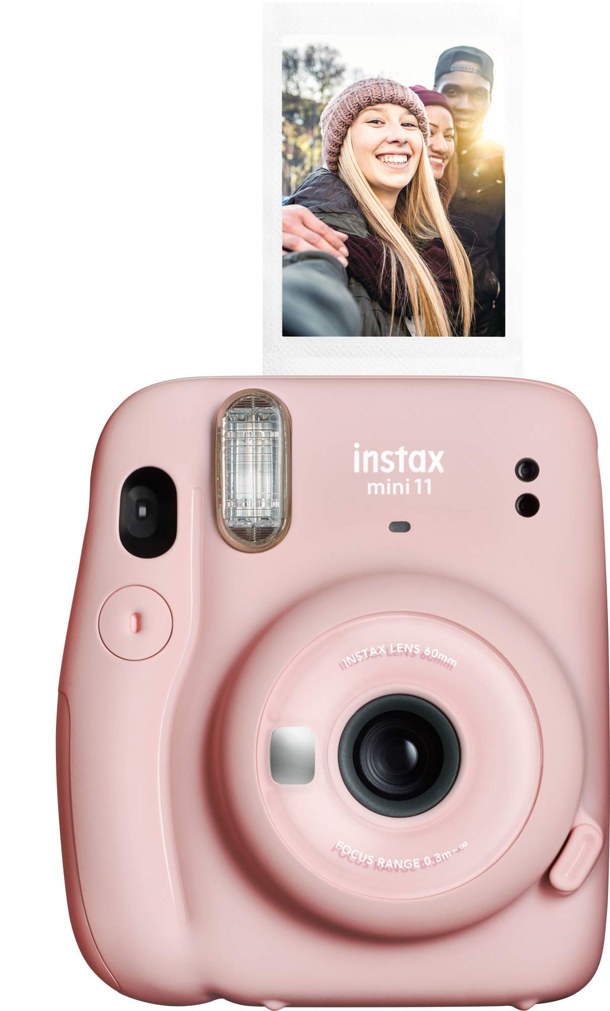 Fujifilm Instax Mini 11 blush pink front view, compact instant camera for quick memories