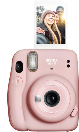 Fujifilm Instax Mini 11 blush pink with slim body and transparent ring lens.