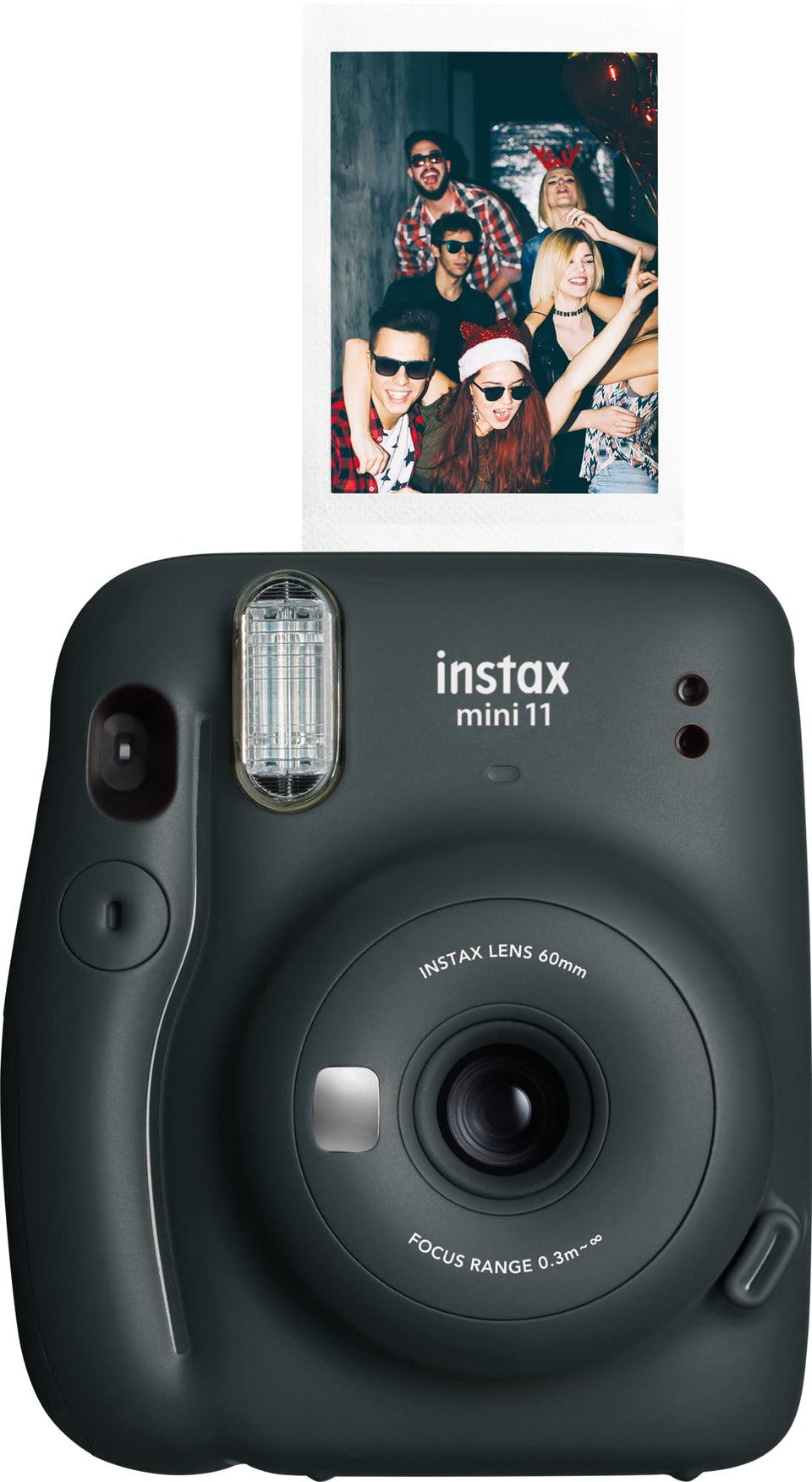 Fujifilm Instax Mini 11 charcoal front view shows a compact camera ideal for quick memories.