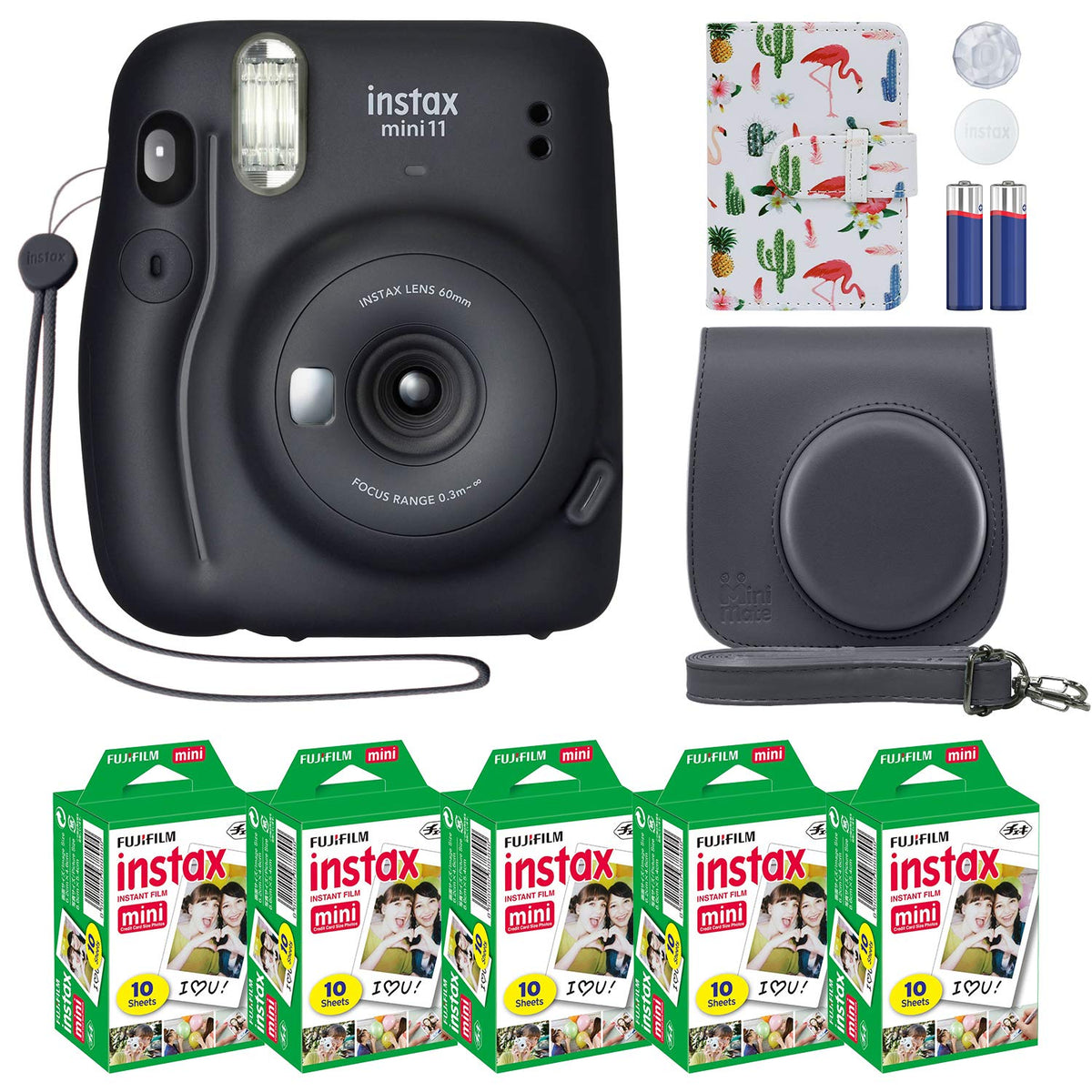 Fujifilm Instax Mini 11 Charcoal Gray camera with selfie mirror for instant memories.