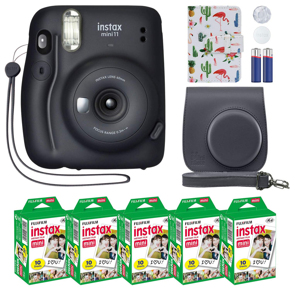 Fujifilm Instax Mini 11 Charcoal Gray camera with selfie mirror for instant memories.