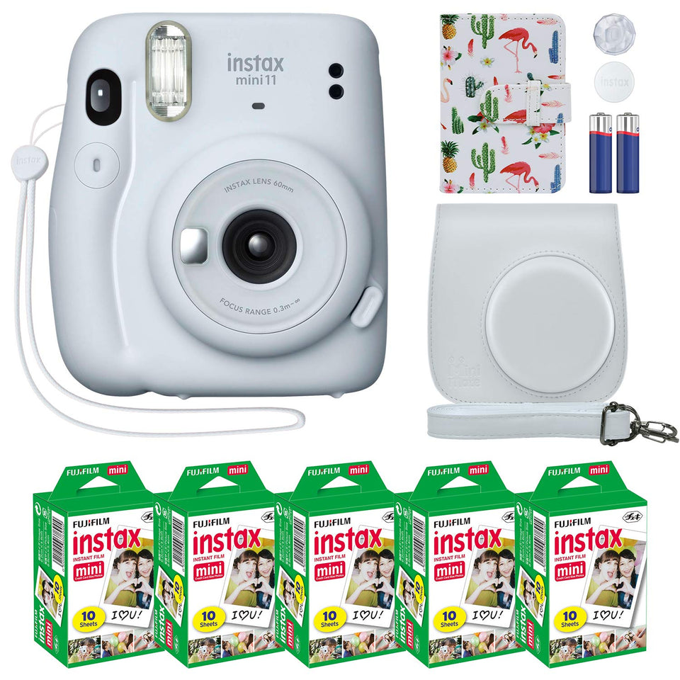 Fujifilm Instax Mini 11 Ice White front view shows compact design for quick prints.
