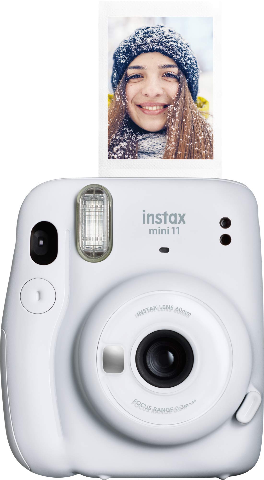 Fujifilm Instax Mini 11 Ice White front view highlights its slim, portable design.