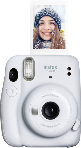 Fujifilm Instax Mini 11 Ice White front view highlights its slim, portable design.