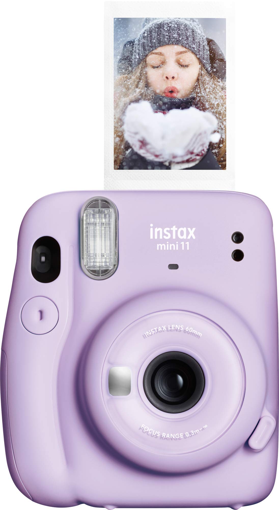 Fujifilm Instax Mini 11 Lilac Purple front view with compact design and built-in selfie mirror.