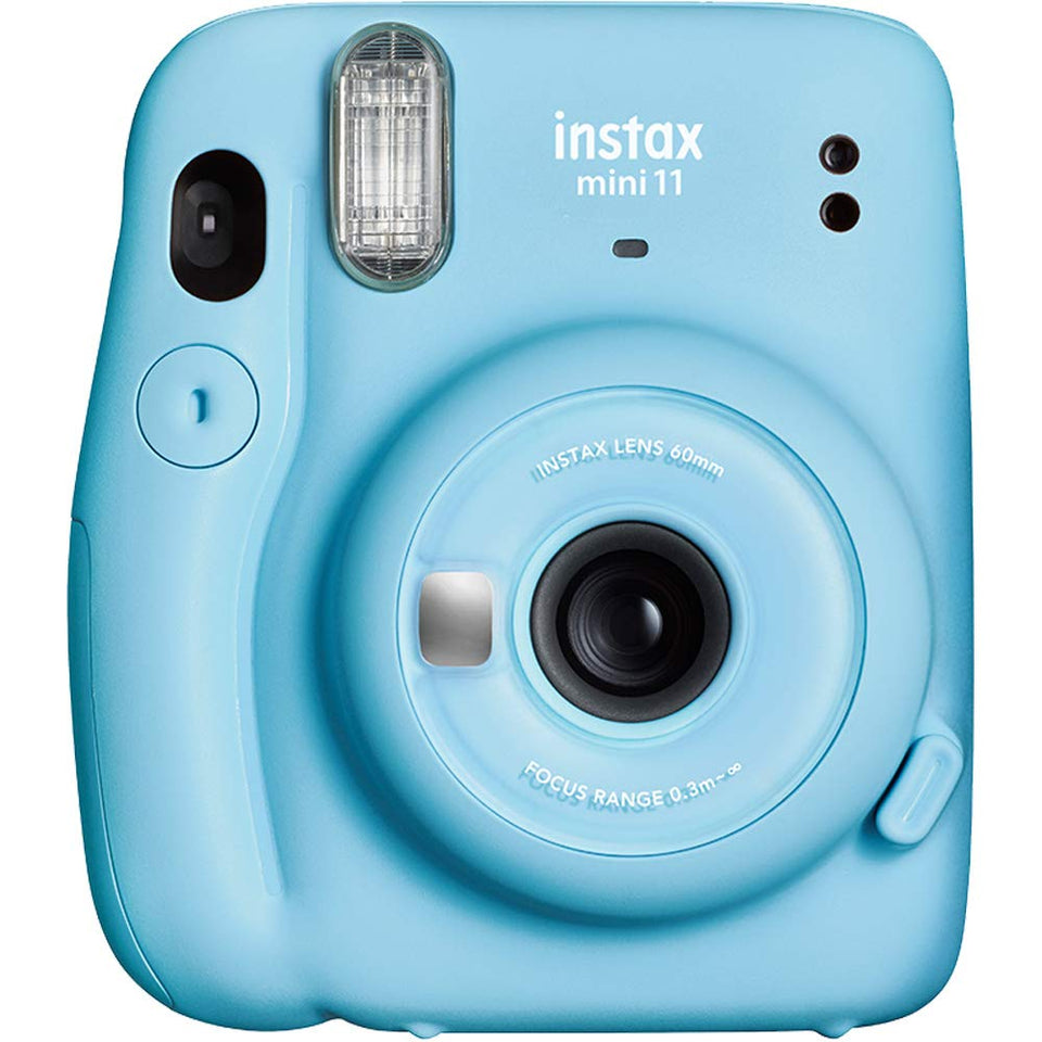 Fujifilm Instax Mini 11 sky blue camera front view with built-in flash