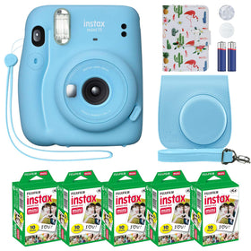 Fujifilm Instax Mini 11 Sky Blue camera for quick selfies with auto exposure.