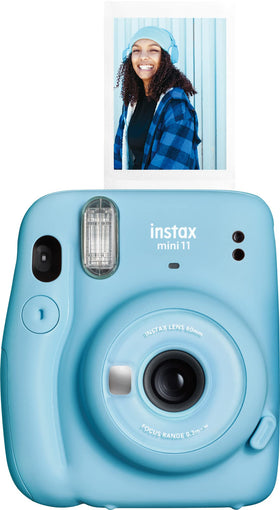 Fujifilm Instax Mini 11 Sky Blue front view, compact instant camera for quick everyday photos.