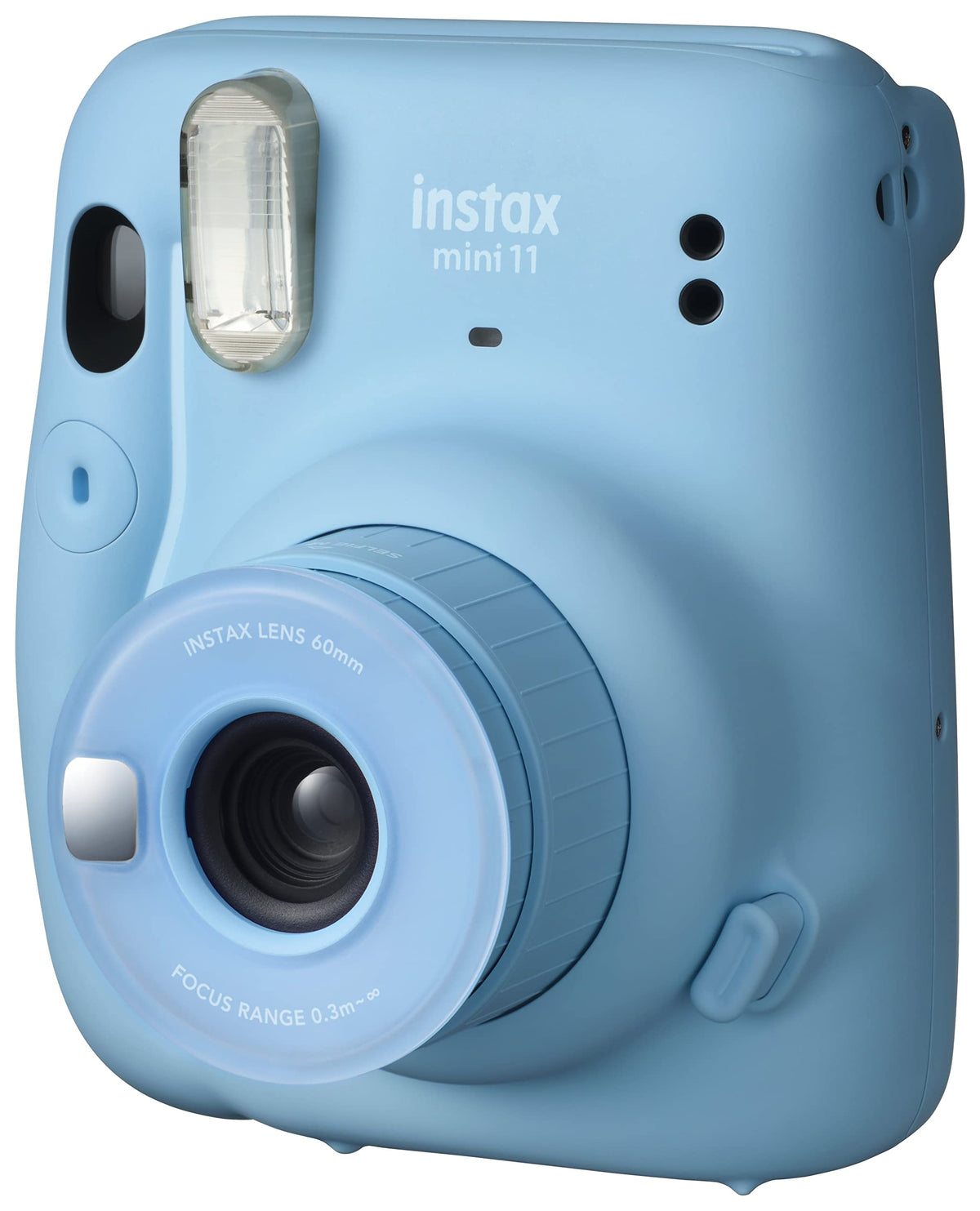 Fujifilm Instax Mini 11 Sky Blue selfie mode close-up for spontaneous self-portraits.