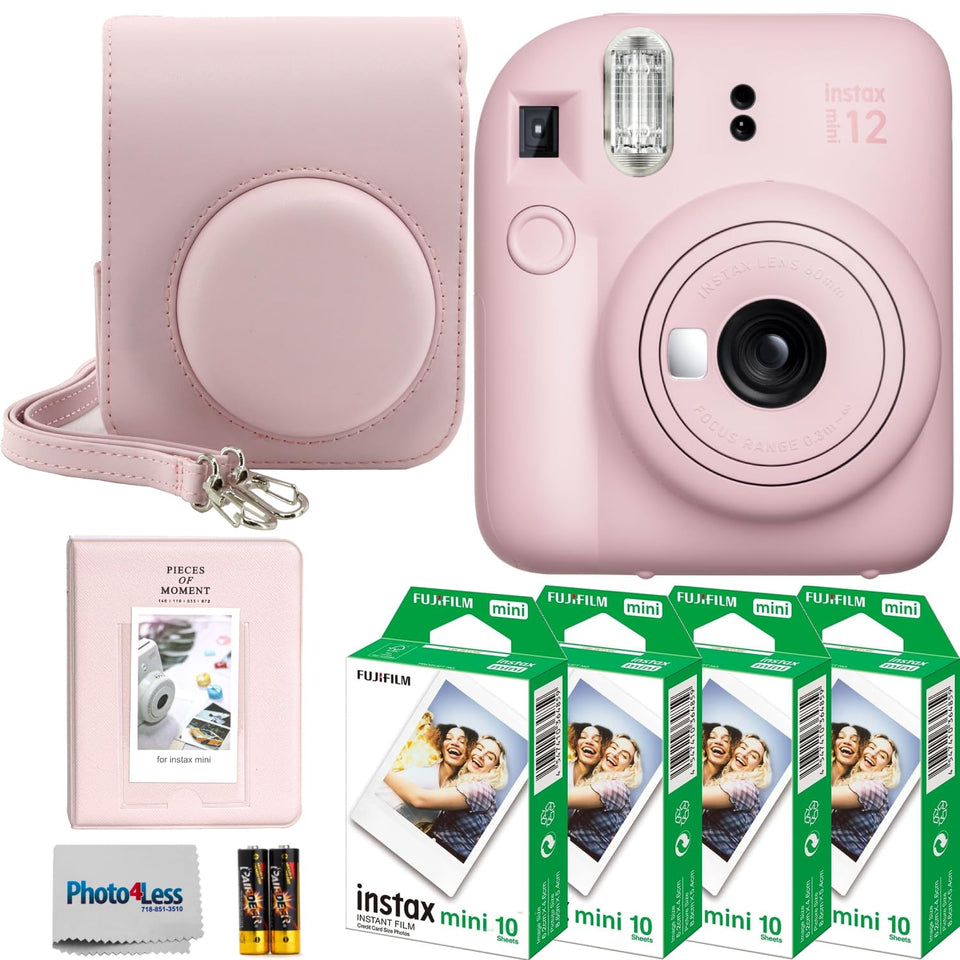 Fujifilm Instax Mini 12 Blossom Pink camera front view for instant prints